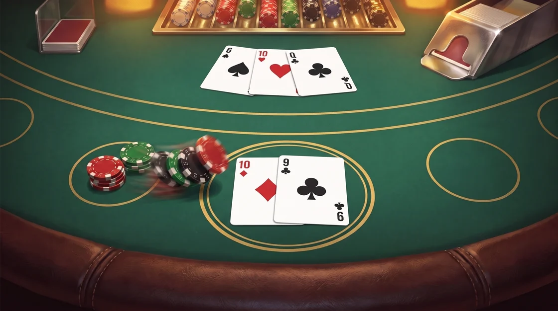 Blackjack cover art: on a green felt table a short stack of chips slides in beside a player's ten of diamonds and nine of clubs in a gold betting circle, while the dealer's six of spades, ten of hearts and queen of clubs lie busted at the top, with the card shoe and the dealer's chip tray behind.