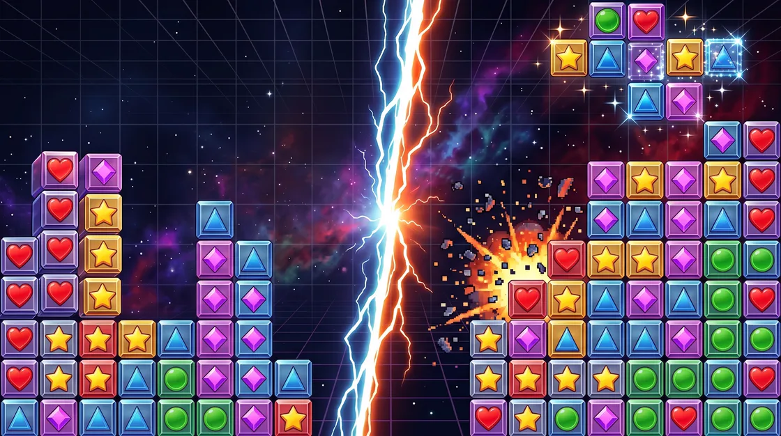 Chainfall cover art: two stacks of colored panels with heart, star, diamond, triangle and circle symbols, split by a bolt of lightning.