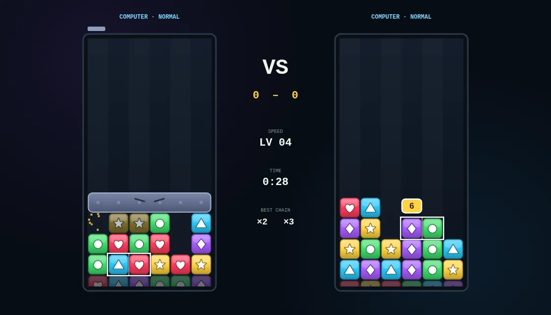 Actual Chainfall gameplay: two stacks of colored panels side by side, with a garbage block landing on the left.