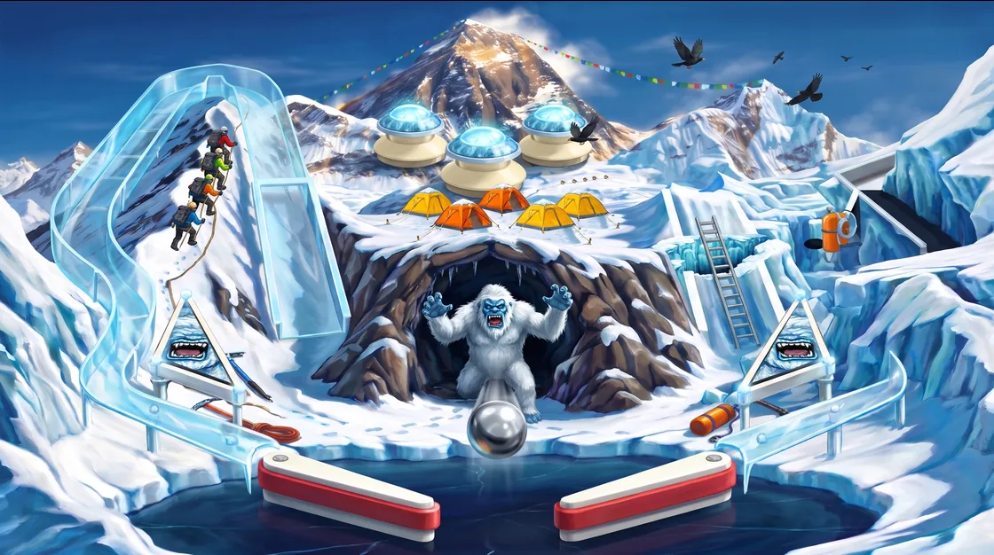 Everest cover art: the pinball table seen from the flippers in bright mountain daylight, a steel ball flying up towards a white shaggy yeti roaring in the mouth of a snowy rock cave, orange and yellow tents behind him, three ice-blue pop bumpers, a clear ice ramp climbing the left beside a line of roped climbers, a ladder across a crevasse on the right, and the summit of Everest beyond with prayer flags and black choughs in a deep blue sky