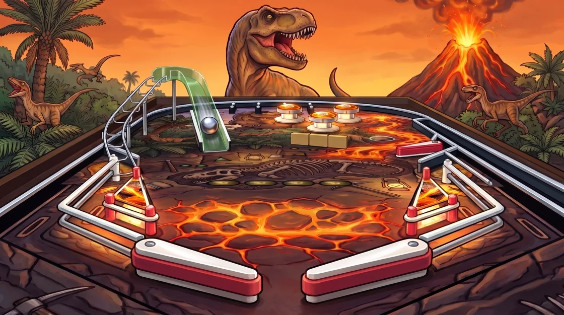 Fossil Rush cover art: the pinball table seen from the flippers, a steel ball on the green ramp, amber pop bumpers, with a T. rex, raptors and an erupting volcano beyond.