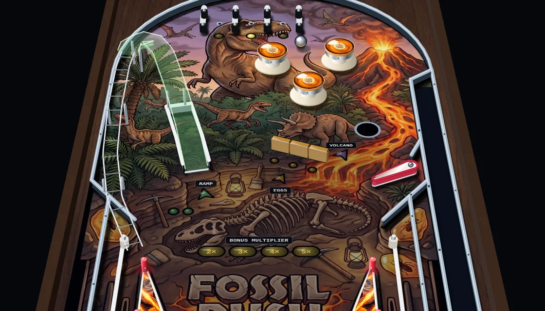 Actual Fossil Rush gameplay: the green ramp climbing the left of the table, amber pop bumpers and the volcano.