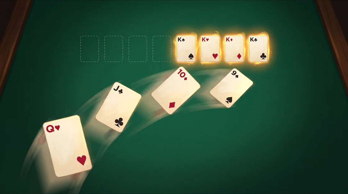 FreeCell cover art: on green felt, the queen of hearts, jack of clubs, 10 of diamonds and 9 of spades arc up toward the four home piles, each topped by its king glowing gold, beside four empty free cells.