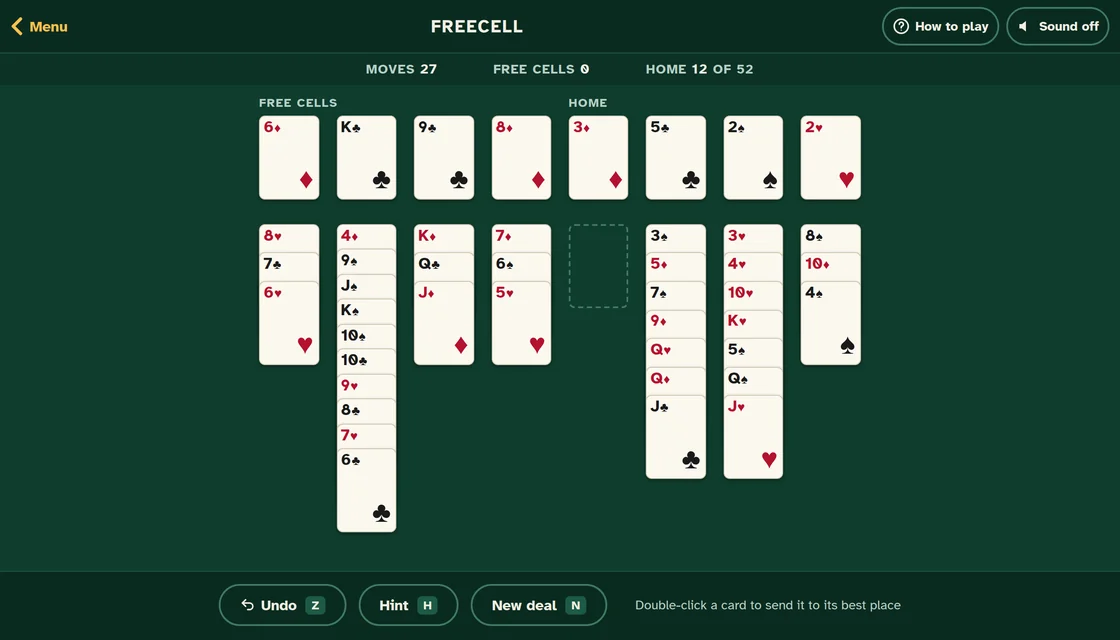 Actual FreeCell gameplay: all four free cells holding a card, twelve cards on the four home piles, and below them the eight face-up piles, one of them empty and one with a long run down to the 6 of clubs.