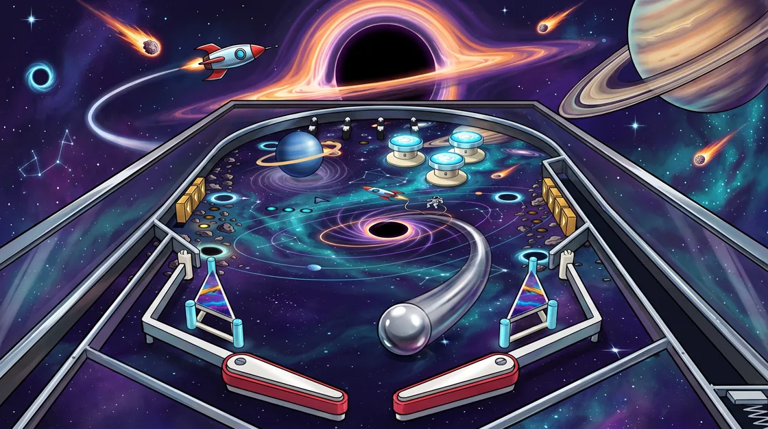 Gravity Well cover art: the pinball table seen from the flippers, a steel ball streaking towards the black hole in the middle, a ringed planet and ice-blue pop bumpers, with a huge black hole, a gas giant and a rocket beyond.