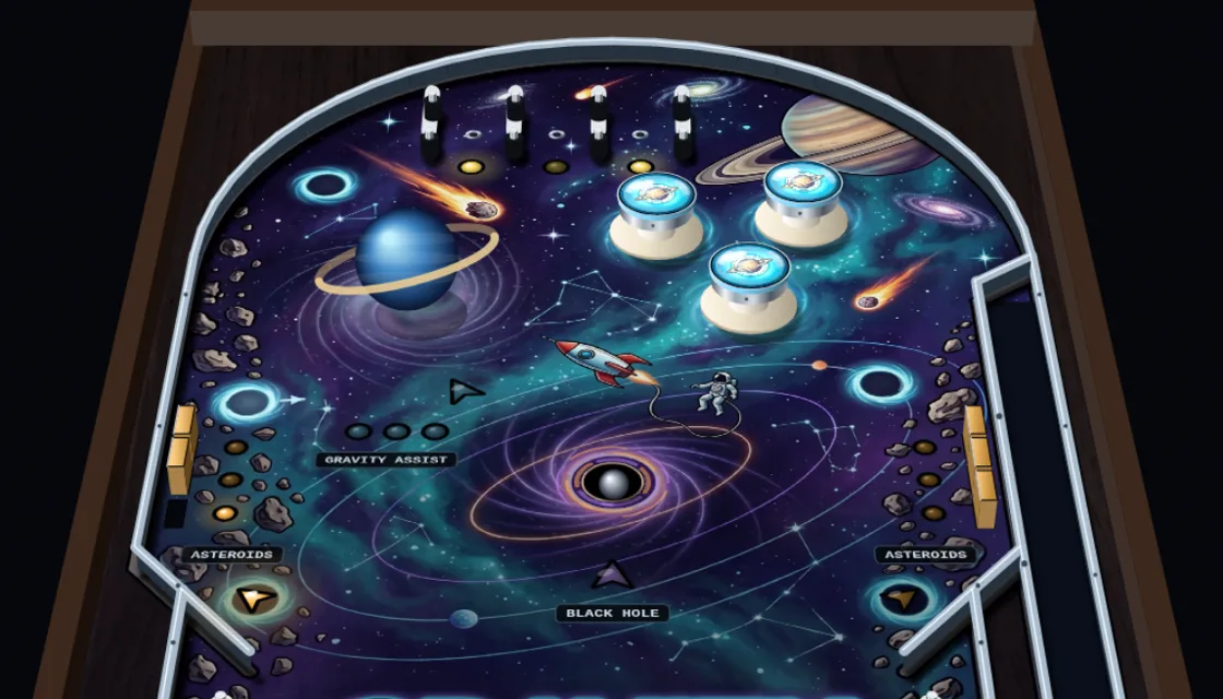 Actual Gravity Well gameplay: the table in perspective, the ball being swallowed by the black hole, the planet and ice-blue pop bumpers above.