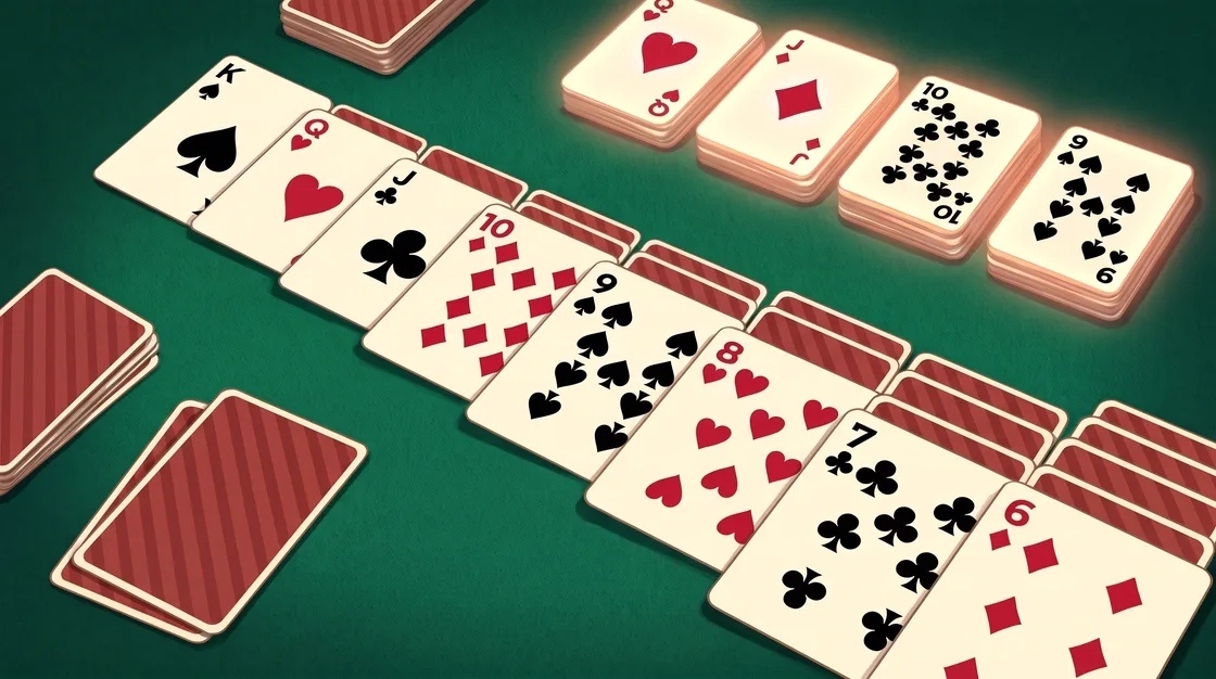 Klondike Solitaire cover art: one long run of cards fanned across green felt from the king of spades down through the queen of hearts, jack of clubs, 10 of diamonds, 9 of spades, 8 of hearts and 7 of clubs to the 6 of diamonds, over face-down cards, with the four home piles glowing at the top.