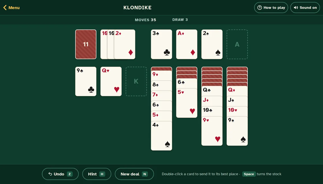 Actual Klondike Solitaire gameplay: the stock with three cards turned from it, three home piles started at the top, and the seven piles below with runs going down in alternating colours over their face-down cards.