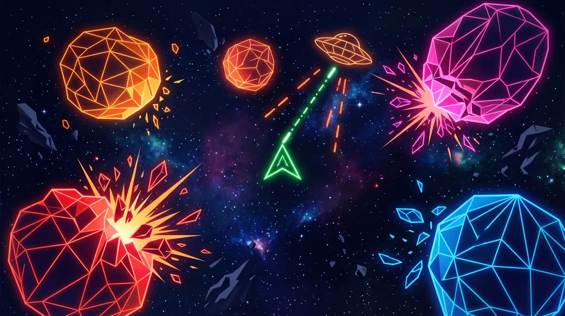 Meteor cover art: a small green ship trades fire with a flying saucer among glowing wireframe rocks.
