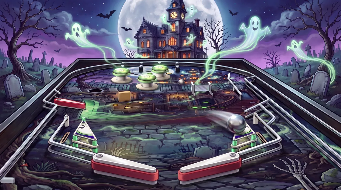 Midnight Manor cover art: the pinball table seen from the flippers, a steel ball flying up the right past the spinner and green pop bumpers, with ghosts rising towards a haunted mansion under a full moon.