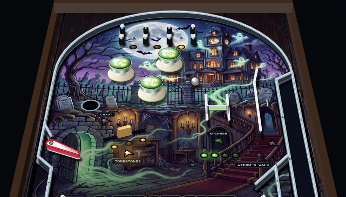Actual Midnight Manor gameplay: the table in perspective, with green pop bumpers, the crypt, the tombstones and the spinner under the painted haunted house.
