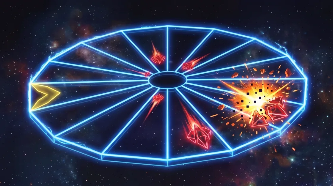 Rimfire cover art: a glowing blue tube seen from above, the yellow claw on its rim and red enemies climbing the lanes, one bursting apart.