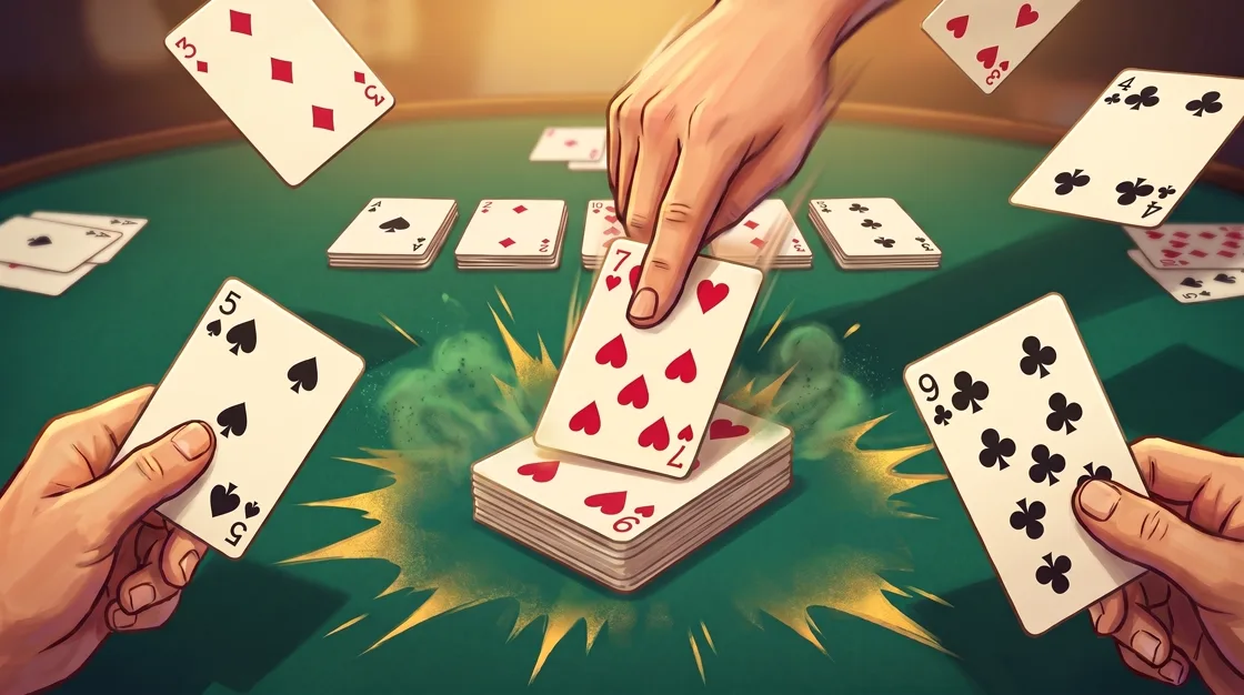 Solitaire Race cover art: a hand slams the seven of hearts onto a stack topped by the six of hearts in the middle of a green felt table, as two more players rush in with their own cards and others fly through the air.