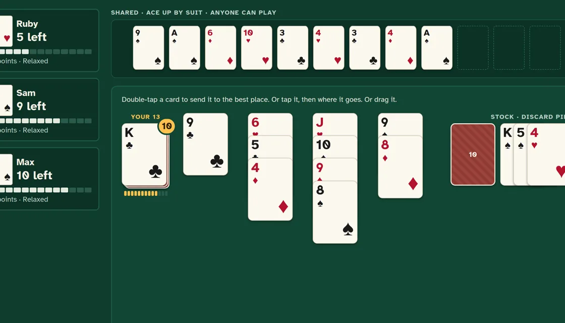Actual Solitaire Race gameplay: the other players and their cards left down the side, the shared piles built up from the aces in the middle, and your 13, four piles and discard pile below.
