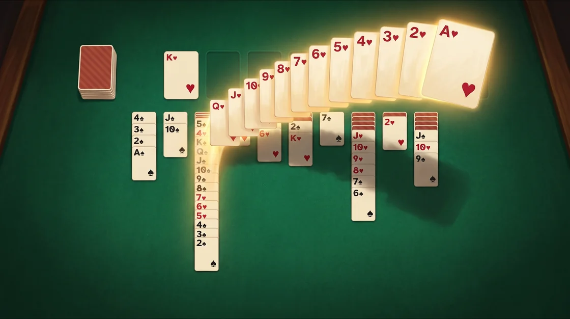 Spider Solitaire cover art: on green felt, a run of hearts from the queen down to the ace sweeps up off the table in a glowing arc toward the top row, where the king of hearts already sits in the first finished place, over the ten piles of a game in progress and the face-down stock.