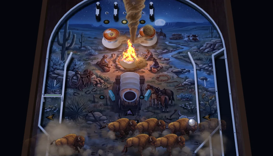 Actual Thunder Trail gameplay at night: the campfire burning between the bumpers under the moon, the dust devil spinning above it and the buffalo herd crossing the bottom of the table.