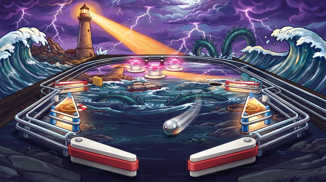 Tiltlight cover art: the pinball table seen from the flippers, a steel ball flying up past pink pop bumpers, with the lighthouse beam, a storm and a sea serpent beyond.