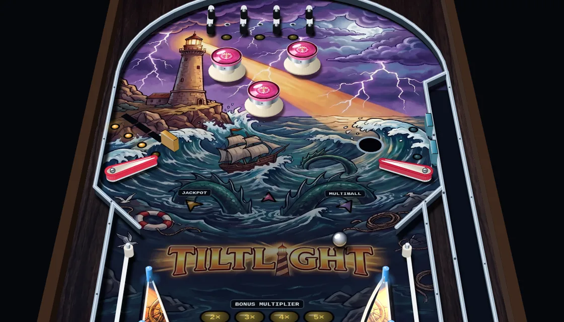 Actual Tiltlight gameplay: the table in perspective, with pink pop bumpers under the painted lighthouse.