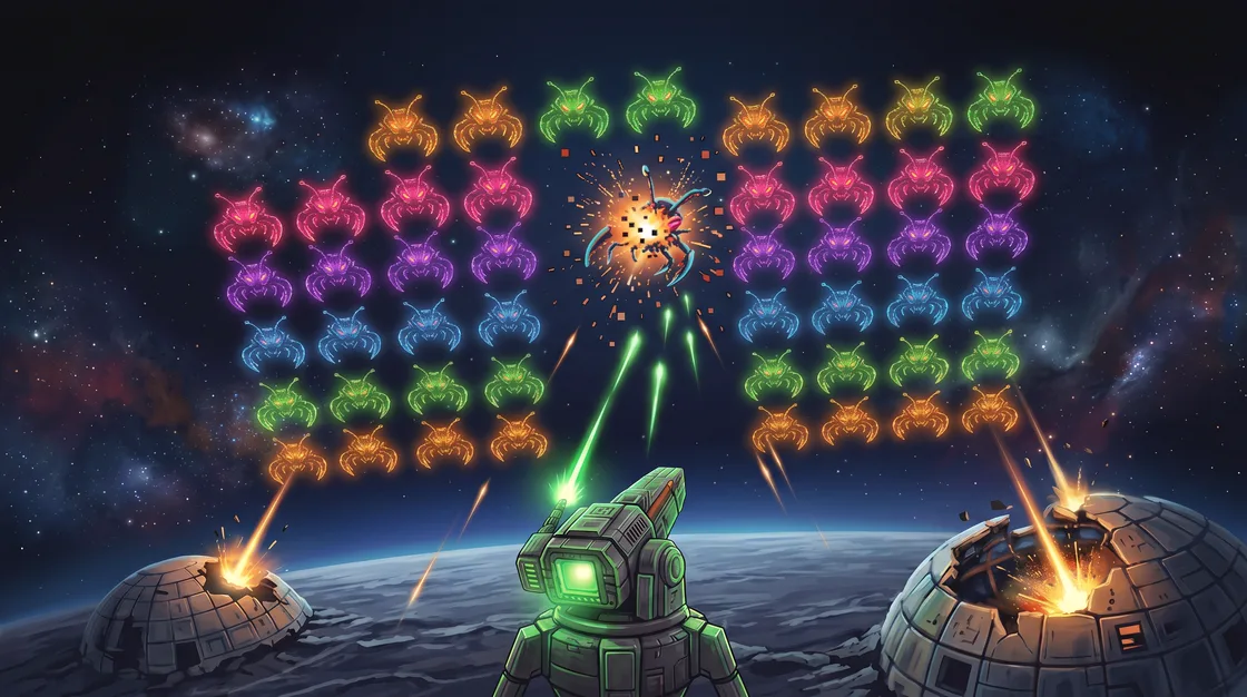 Void Patrol cover art: rows of glowing alien invaders above a green cannon and two broken domes.