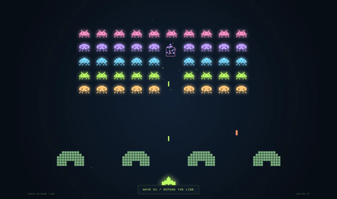 Actual Void Patrol Modern gameplay: colorful enemy formations above the player's cannon.